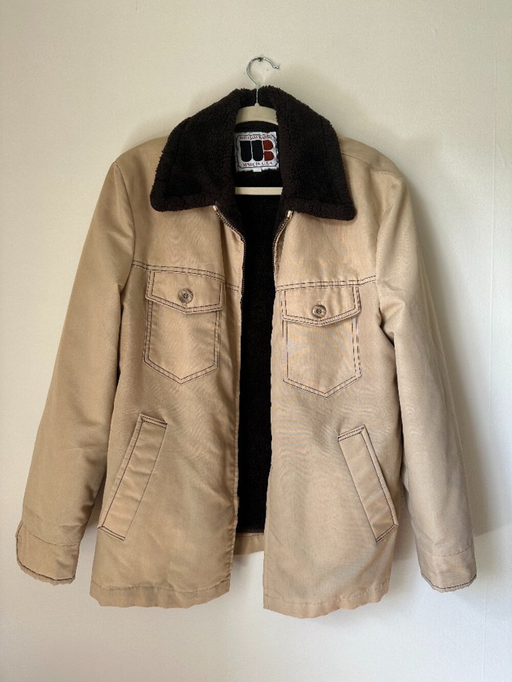 Men's Vintage William Barry Tan Fur Lined Zip Up Chore Coat Barn Jacket - Size 4